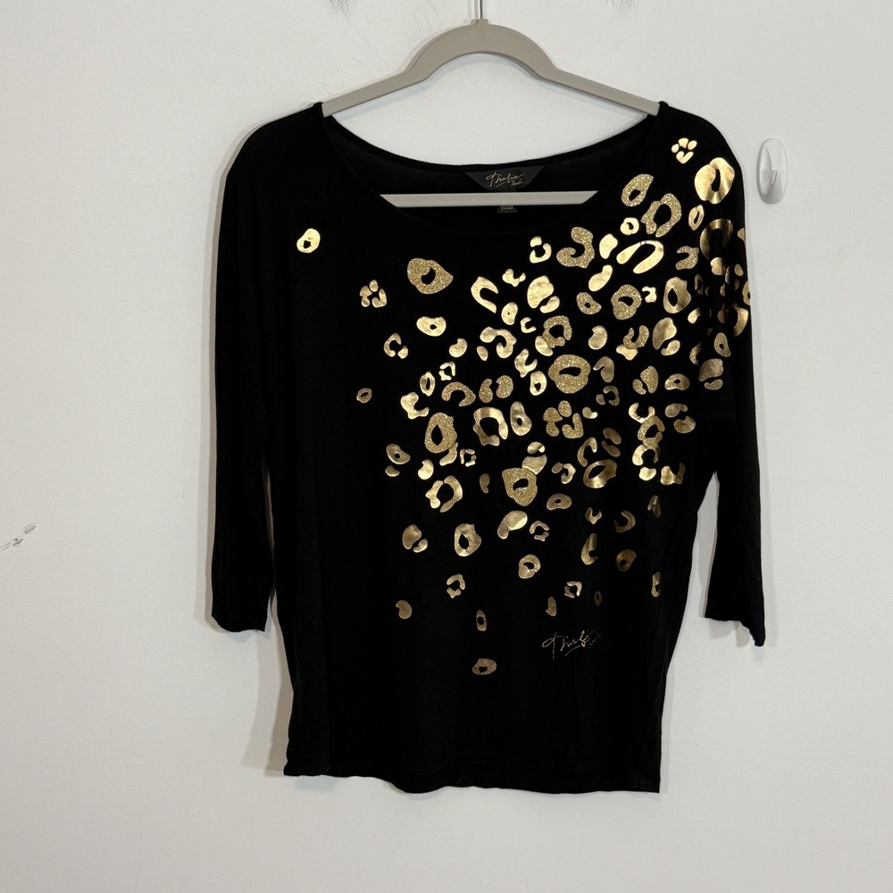 Thalia Sodi Womens Top S Black Gold Leopard Animal Print Glam 3/4 Sleeve